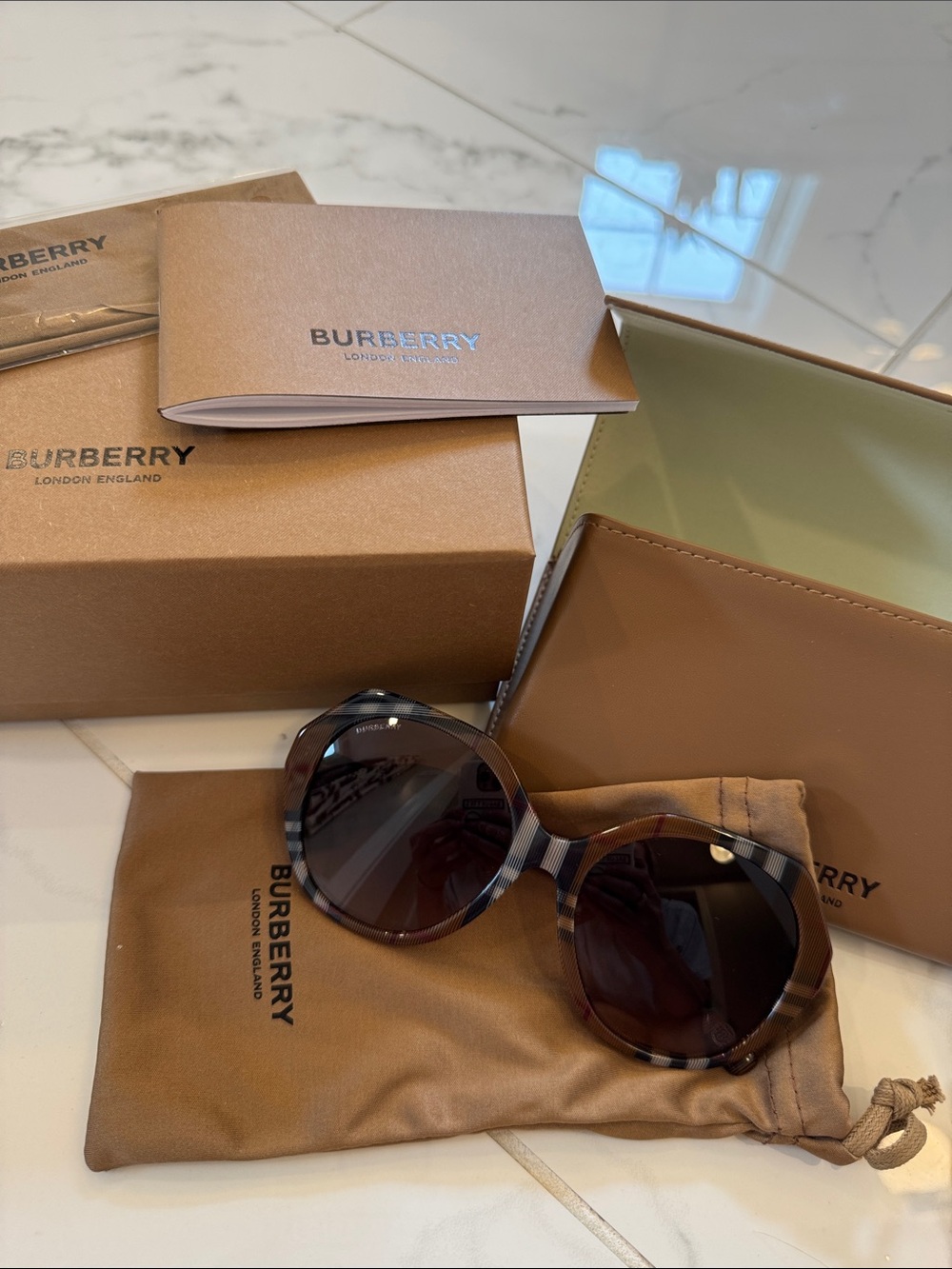 Burberry Brown Plaid 55m Round Sunglasses